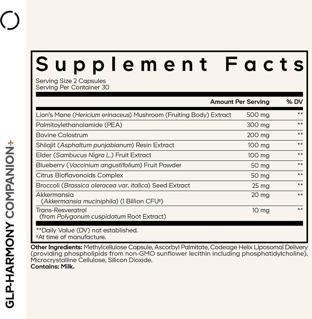 Codeage GLP-Harmony Companion+ - 60 Cápsulas - Complemento Alimenticio con Lion's Mane, Colostrum y Shilajit