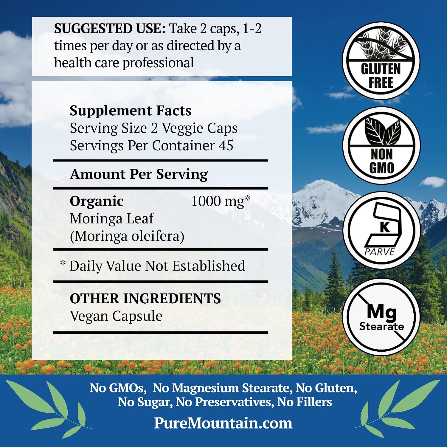 Pure Mountain Botanicals Moringa en Cápsulas - 1000mg Orgánico por Ración - 90 Cápsulas - Vegano Kosher Sin Gluten