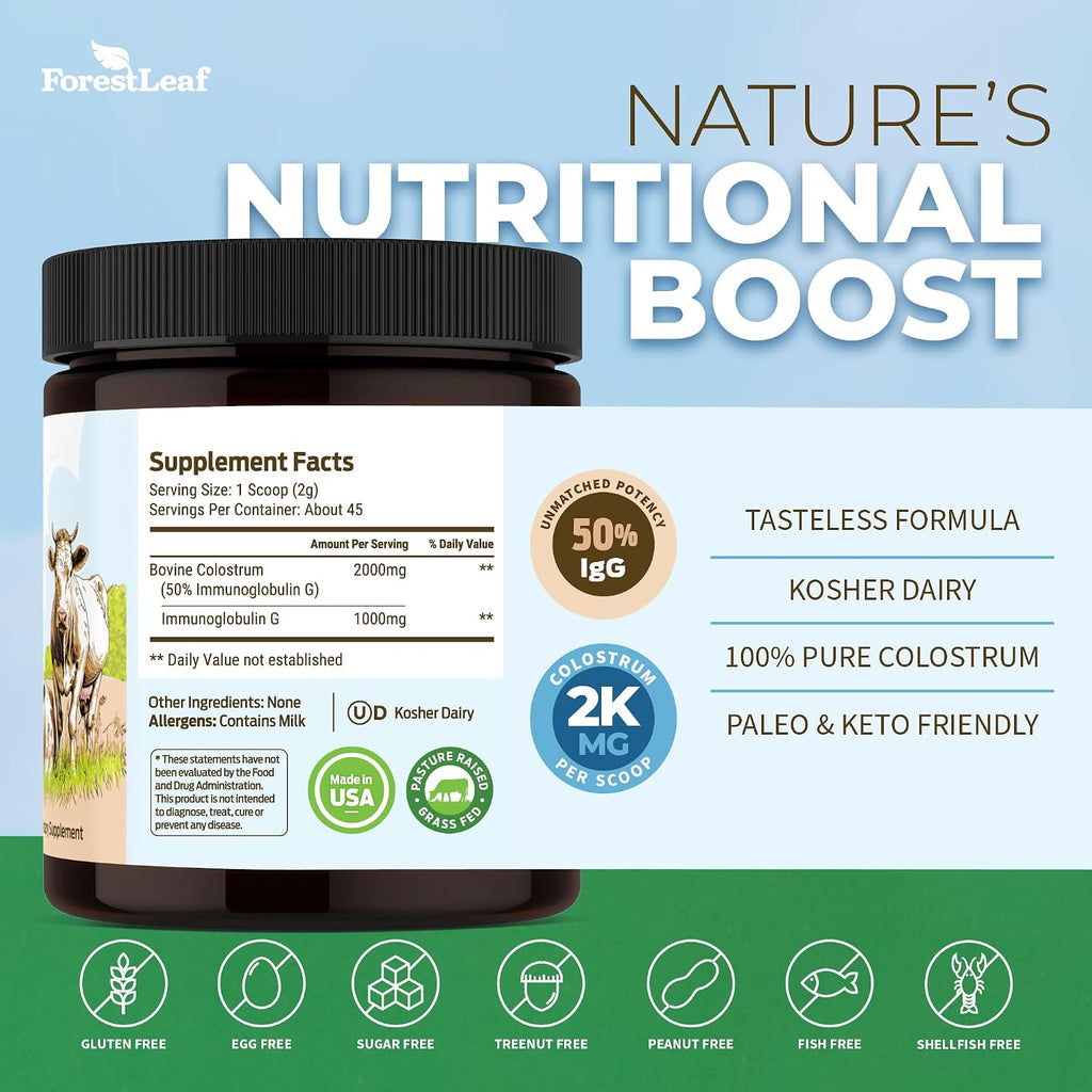 ForestLeaf Colostrum en Polvo 50% IgG, Concentración Pura, de Pasto, Sin Sabor, 45 Porciones