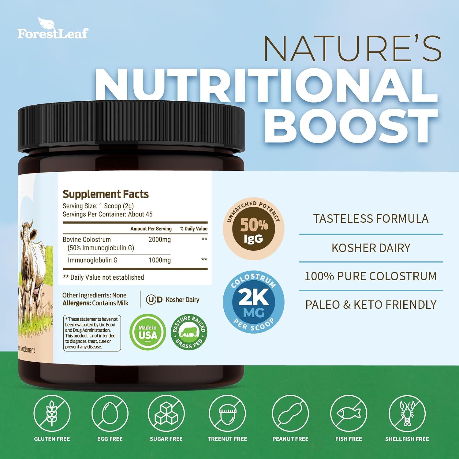 ForestLeaf Colostrum en Polvo 50% IgG, Concentración Pura, de Pasto, Sin Sabor, 45 Porciones