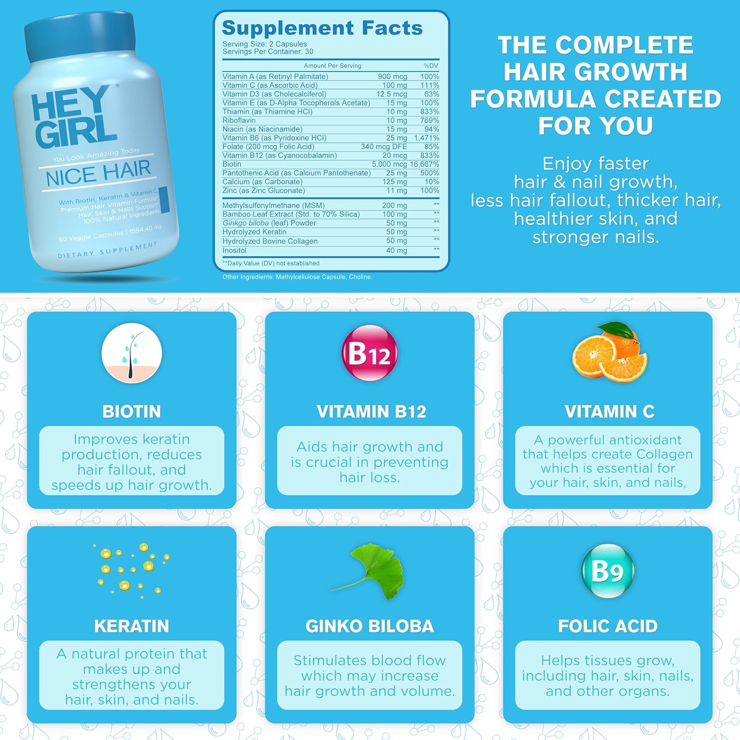 Nice Hair - Suplemento capilar para ayudar a la caída y fortalecer el cabello, con biotina, queratina, ácido fólico, vitaminas y minerales, 60 cápsulas