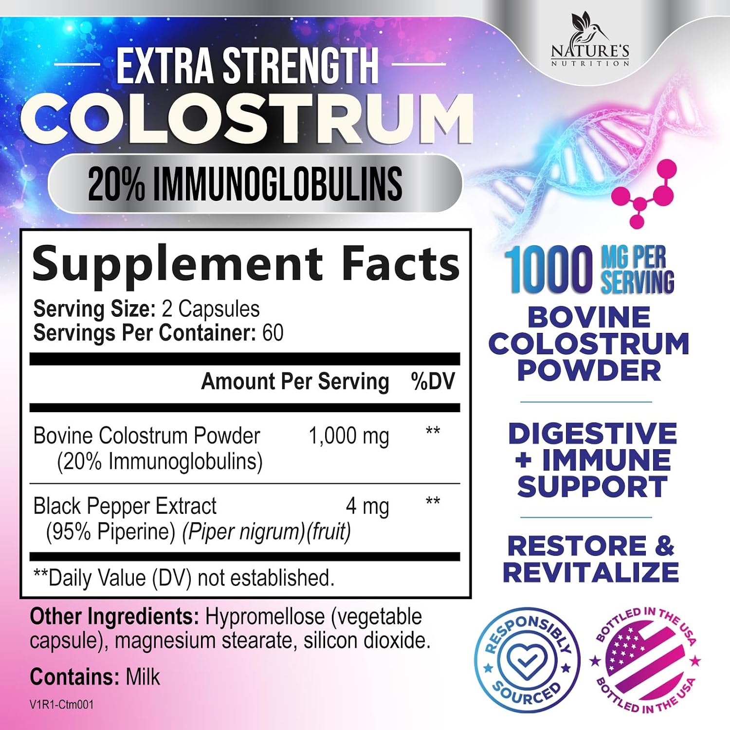 Suplemento de Calostro Bovino 1000mg por Dosis - 20% Inmunoglobulinas - 120 Cápsulas