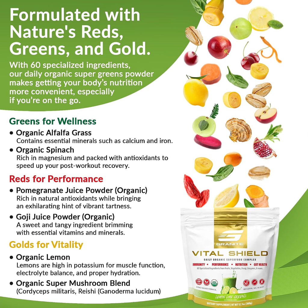 Granite Nutrition Vital Shield - Superalimentos Verdes Orgánicos con Champiñones y Cereza Ácida – Apoya Energía, Inmunidad y Salud Digestiva – Sabor Limón Lima (30 Raciones)