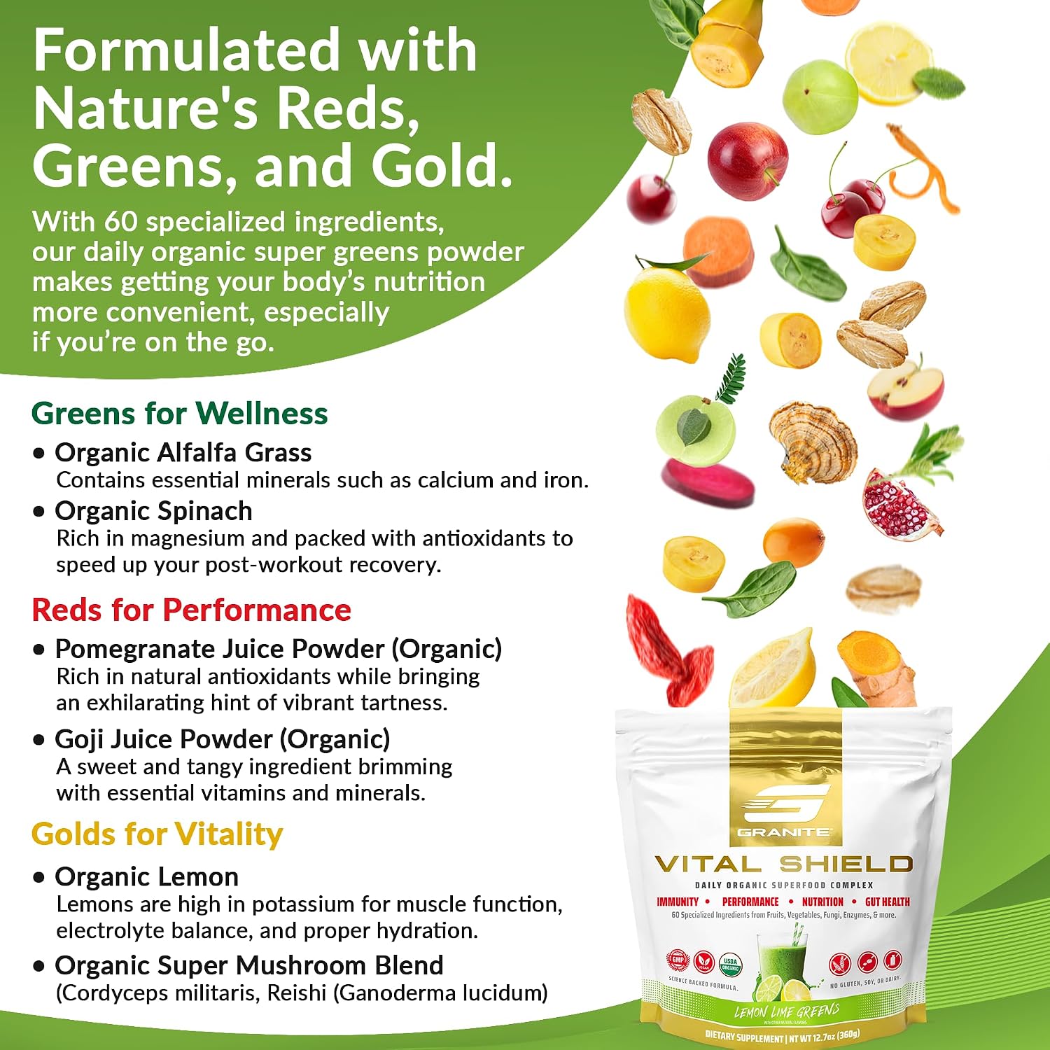 Granite Nutrition Vital Shield - Superalimentos Verdes Orgánicos con Champiñones y Cereza Ácida – Apoya Energía, Inmunidad y Salud Digestiva – Sabor Limón Lima (30 Raciones)
