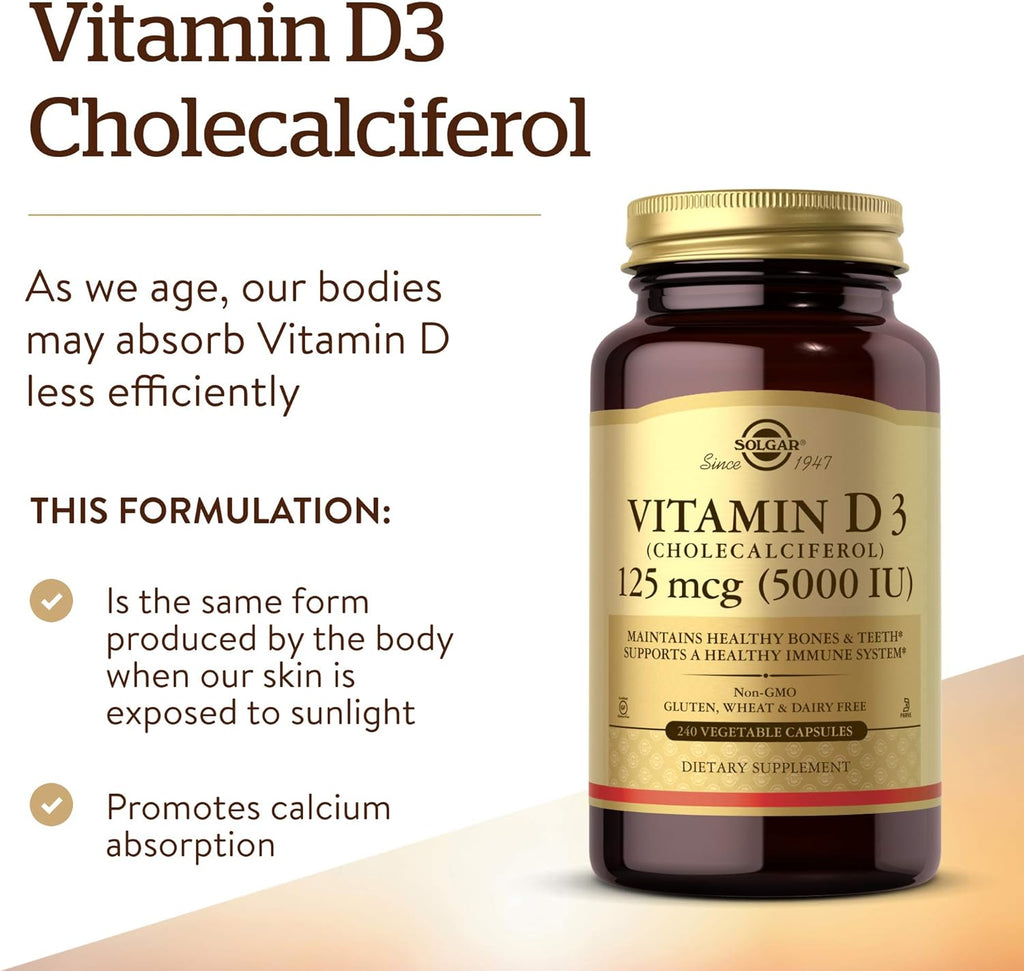 Solgar Vitamina D3 (Colecalciferol) 125 mcg (5000 UI), 240 Cápsulas Vegetales