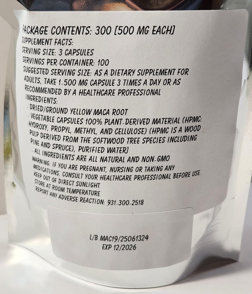 Cápsulas de Raíz de Maca Amarilla - Suplemento Herbal - 300 Cápsulas