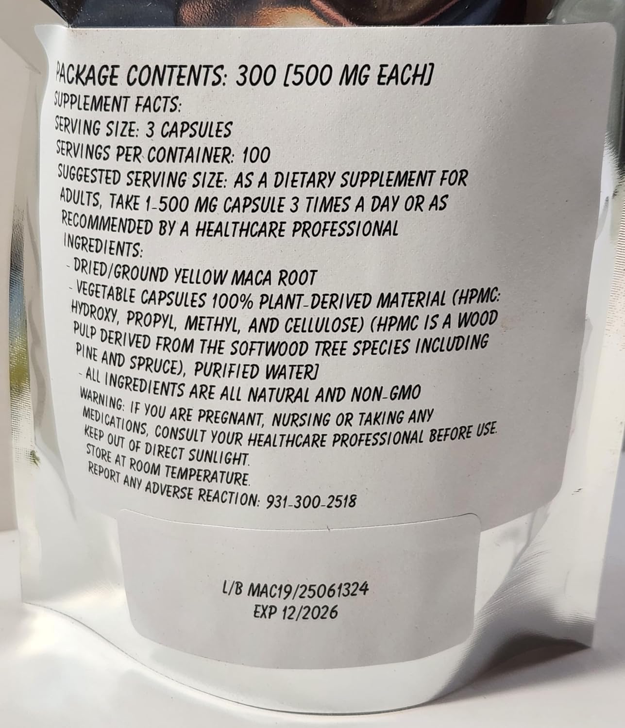 Cápsulas de Raíz de Maca Amarilla - Suplemento Herbal - 300 Cápsulas