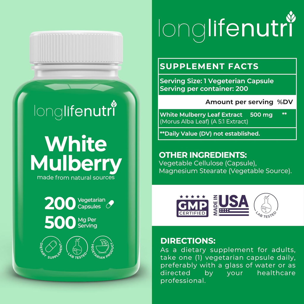 Extracto de Hoja de Morera Blanca 500 mg | 200 Cápsulas Vegetales | LongLifeNutri