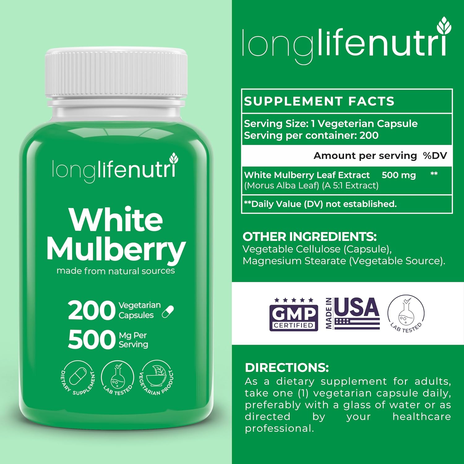 Extracto de Hoja de Morera Blanca 500 mg | 200 Cápsulas Vegetales | LongLifeNutri