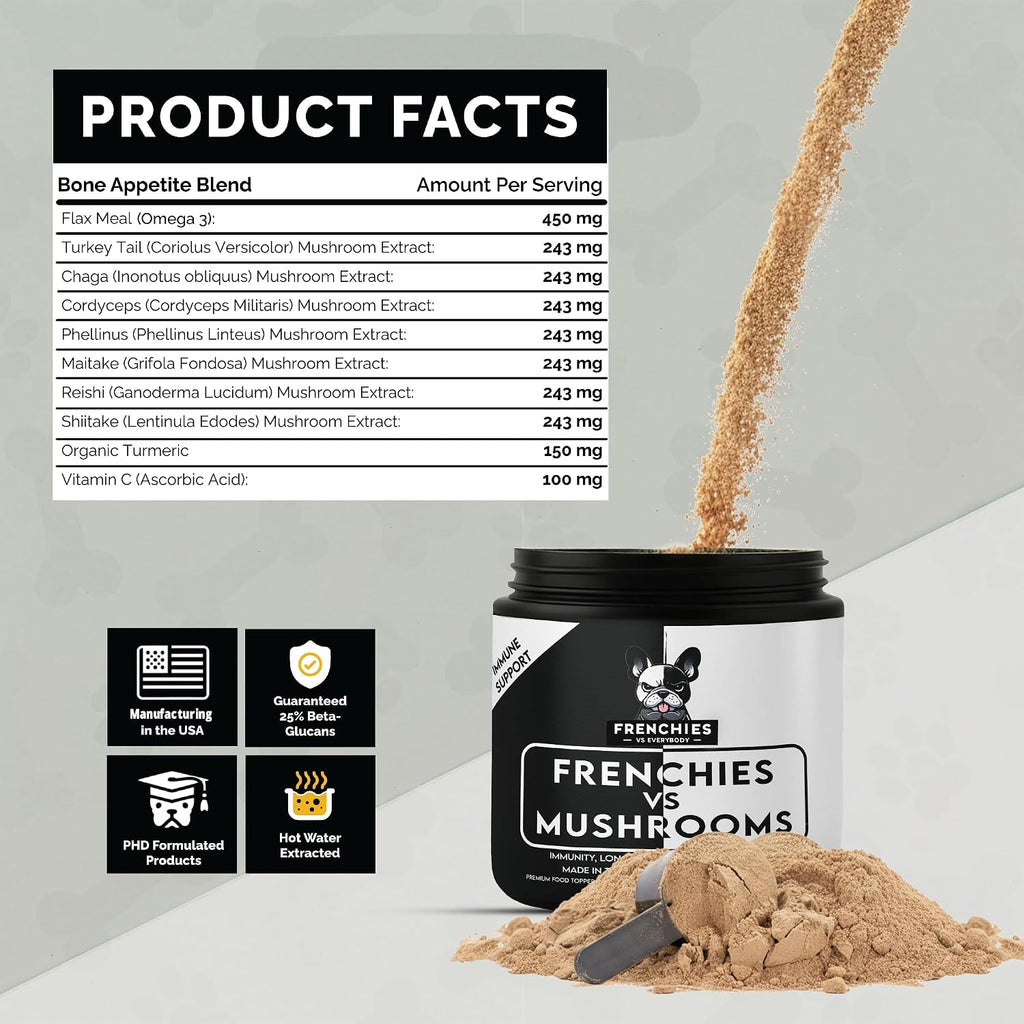 Frenchies vs Mushrooms - Turkey Tail Mushroom for Dogs, Omega-3 & Turmeric | Immune support Mushroom Supplement For Dogs. Helps with digestion, allergies, longevity, lumps & bumps. Frenchie optimized.