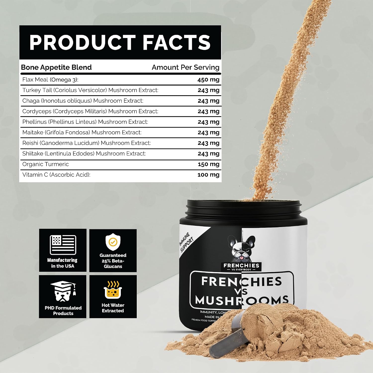 Frenchies vs Mushrooms - Turkey Tail Mushroom for Dogs, Omega-3 & Turmeric | Immune support Mushroom Supplement For Dogs. Helps with digestion, allergies, longevity, lumps & bumps. Frenchie optimized.