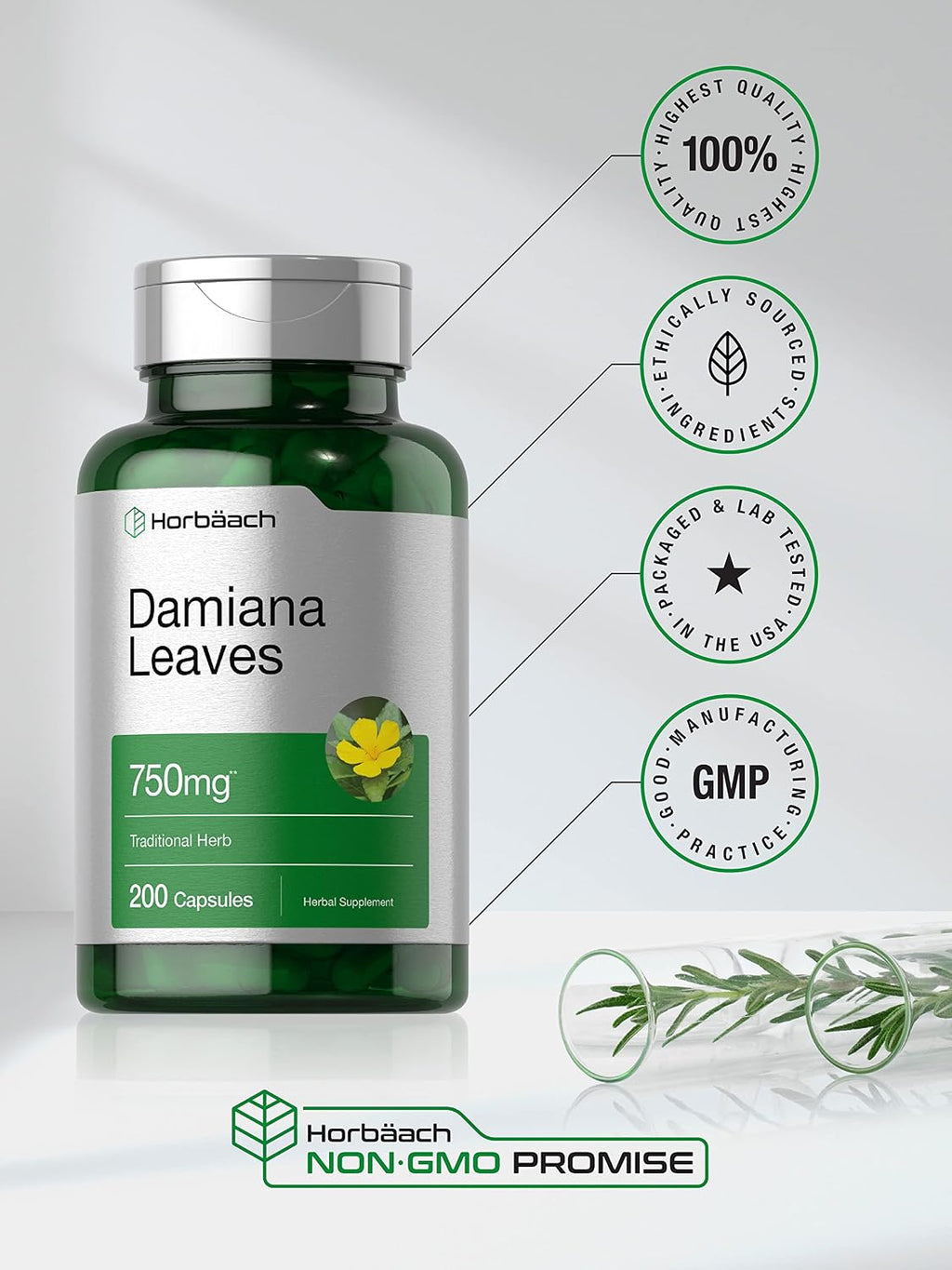 Horbäach Extracto de Hoja de Damiana | 200 Cápsulas | Suplemento Herbal