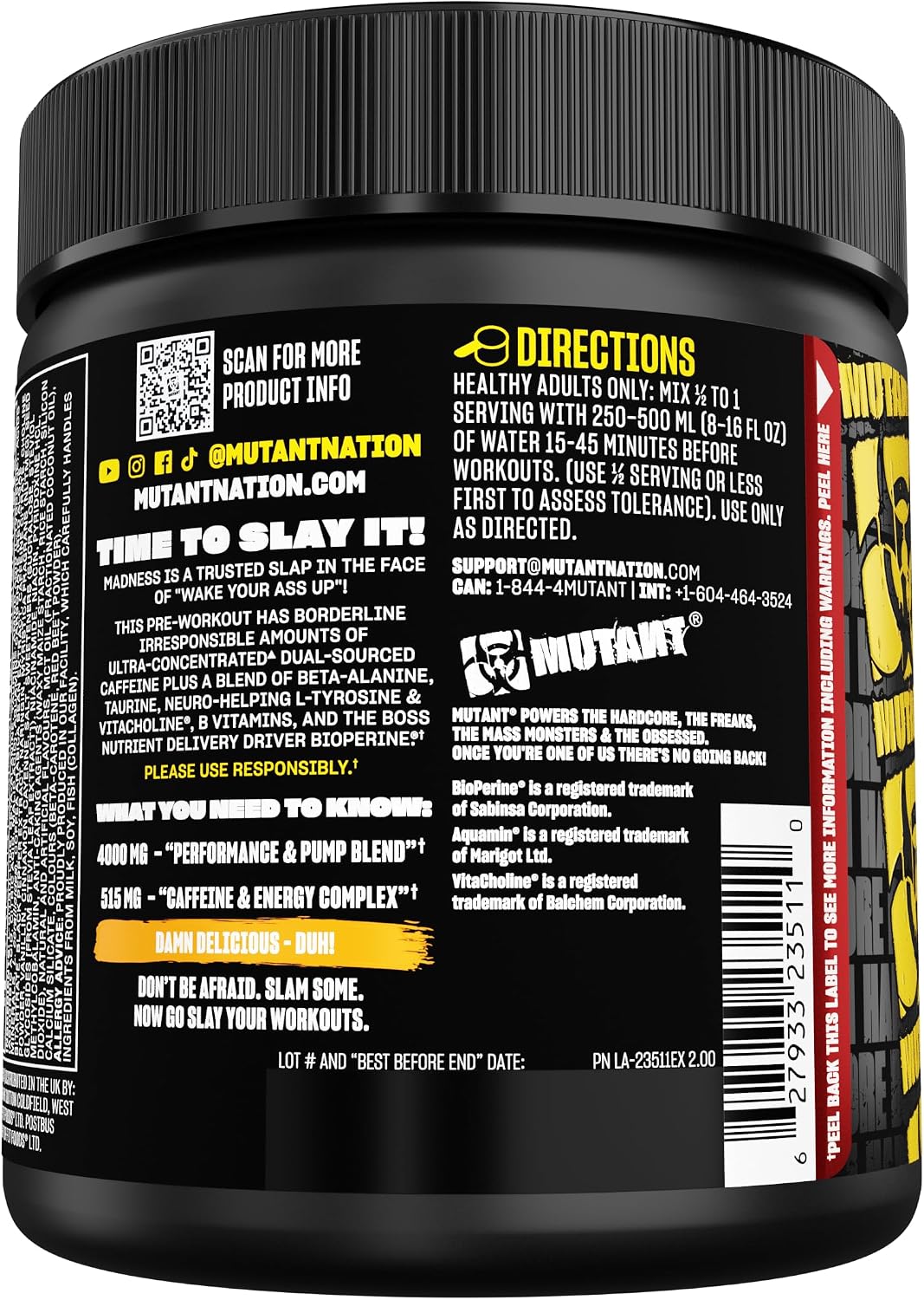 Mutant Madness Pre Workout en Polvo - 30 Servicios - Orange Rush