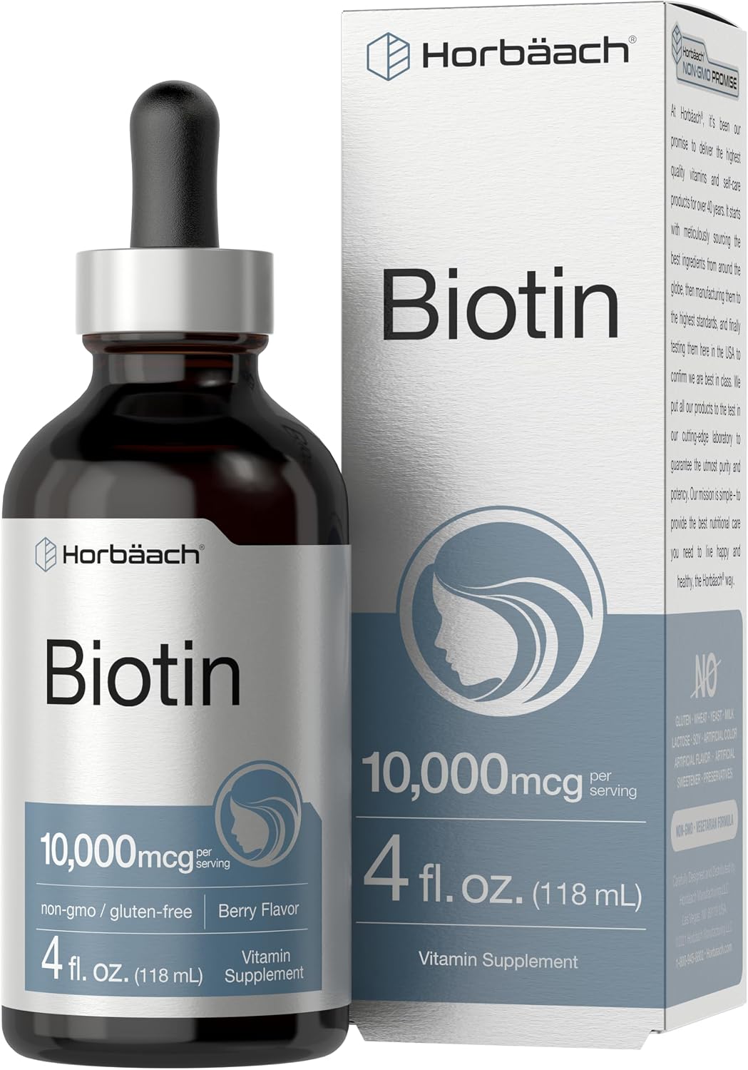 Horbäach Biotin Liquid Drops 10000mcg | 118 ml | Sabor Berry | Vegetariano, No-GMO y Sin Gluten