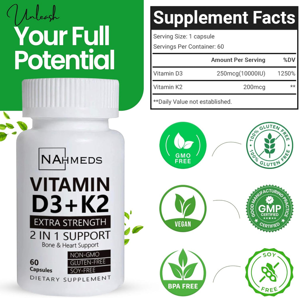 NAhmeds Vitamina D3 + K2 Extra Strength – 60 Cápsulas