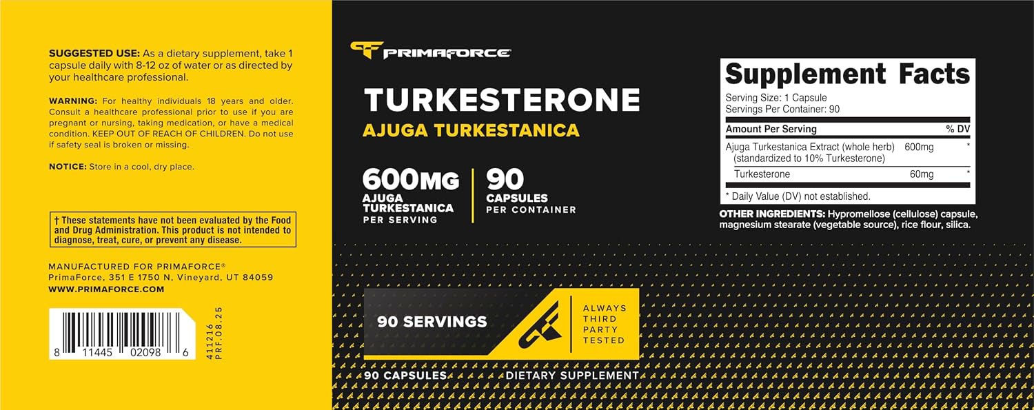 Primaforce Turkesterone 600mg, 90 Cápsulas - Suplemento No Transgénico y Sin Gluten