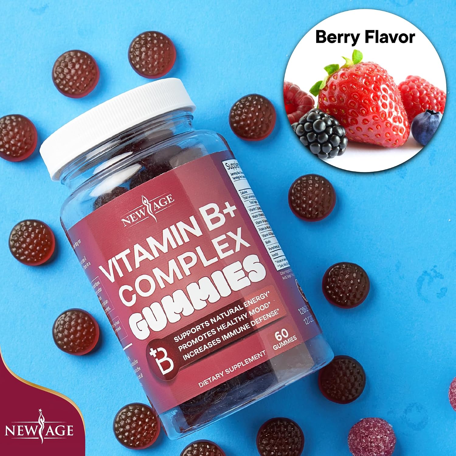 NEW AGE Complejo B Gominolas con Vitaminas B3, B6, B12, Biotina, Ácido Fólico y Vitamina C - 120 Gominolas (2 Paquetes)