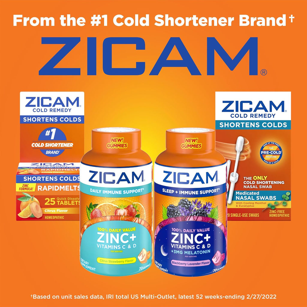 Zicam Gominolas de Apoyo Inmunitario Diario, con Zinc, Vitamina C y D, Sabor Cítrico Fresa, 70 unidades