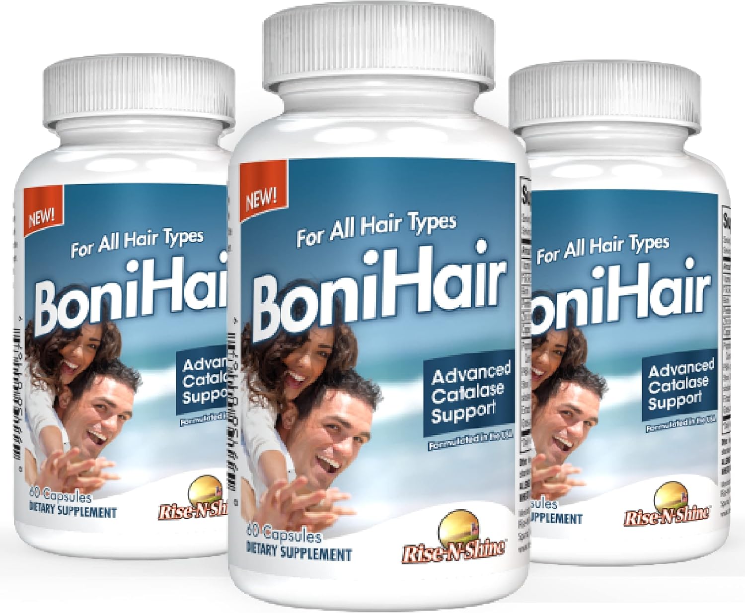 Rise-N-Shine BoniHair Catalase - Saw Palmetto, Biotina, Fo-Ti, 180 Cápsulas (Pack de 3)