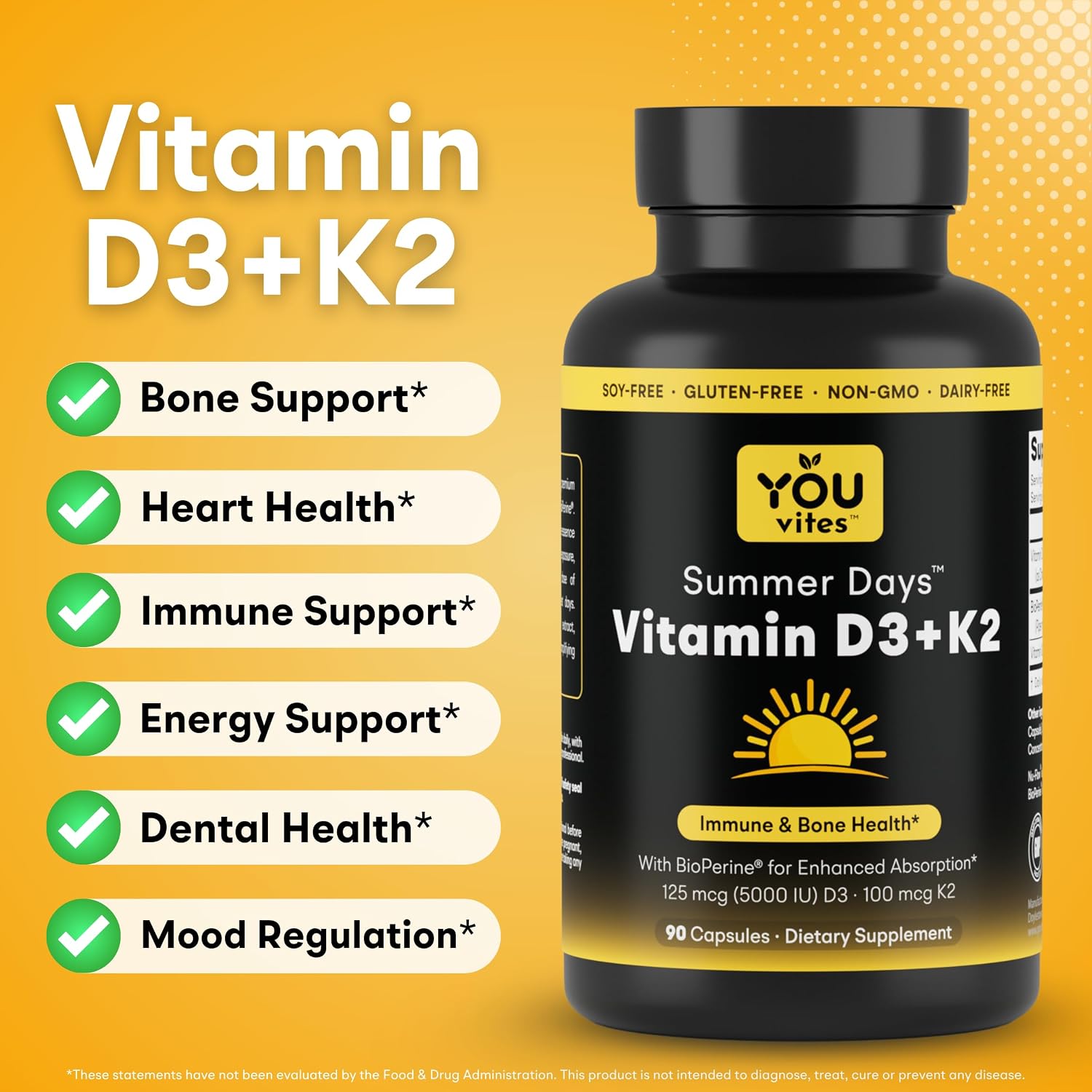You Vites Vitamina D3 + K2 - Máxima Absorción, 5000 UI D3 y 100 mcg K2 MK-7 con BioPerine - Apoyo Óseo, Cardíaco e Inmunológico - No Transgénico, Sin Gluten - 90 Cápsulas