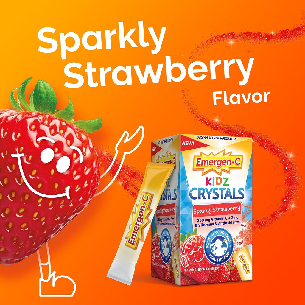 Emergen-C Kidz Crystals – Suplemento de Vitamina C con Zinc y Vitaminas B – Sabor Fresa Chispeante – 56 Sticks