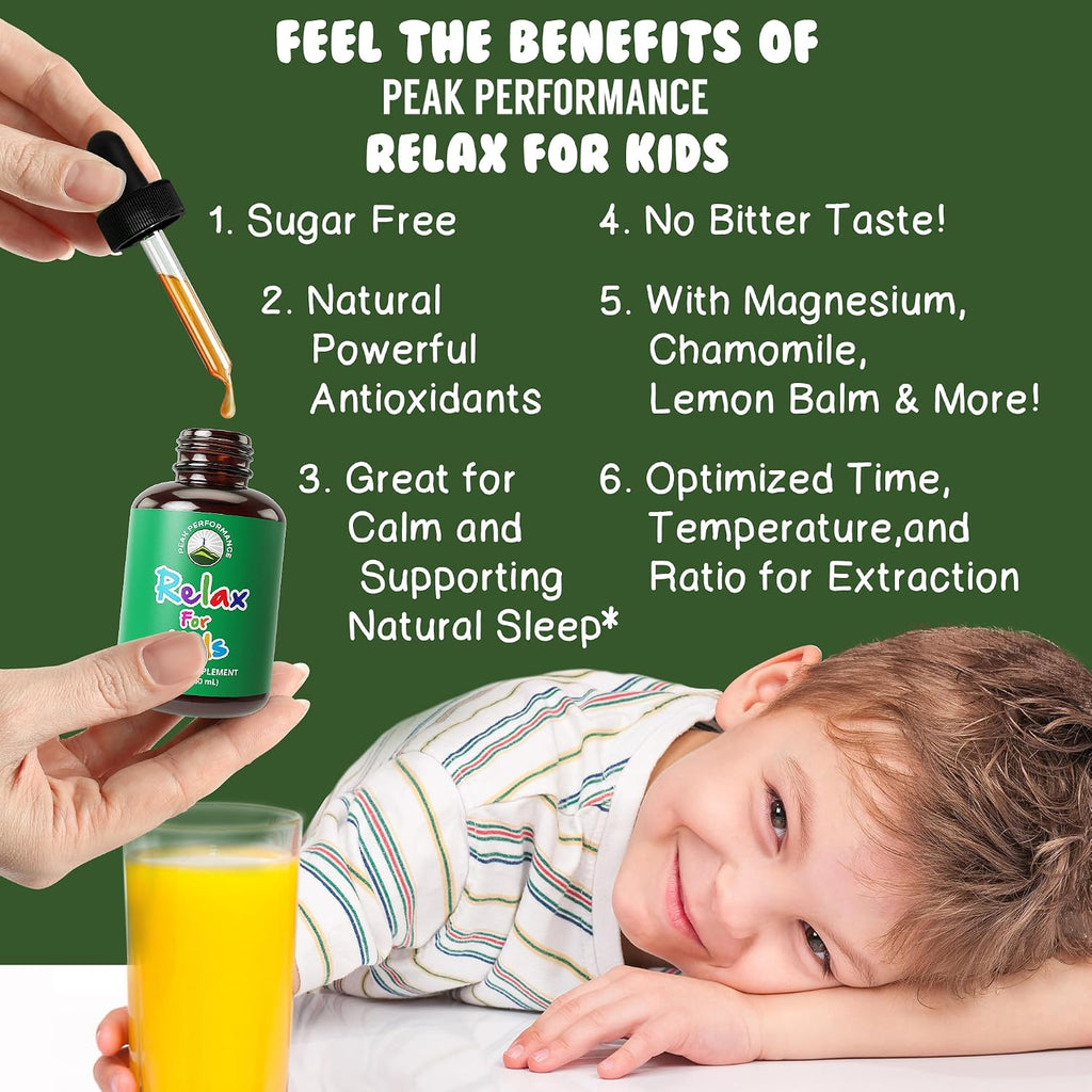 Peak Performance Kids Calm Gotas Calmantes para Niños - Ayuda para la Relajación y el Sueño - Sin Sabor, Sin Azúcar, Vegano con Magnesio y Manzanilla - 59 ml