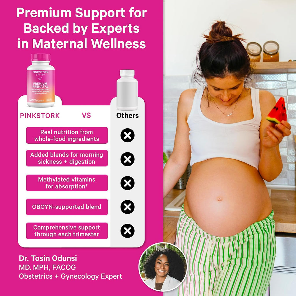 Pink Stork Premium Prenatal - Vitaminas Prenatales con Folato Metilado, DHA de Algas y Hierro