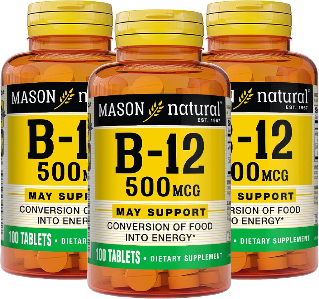 MASON NATURAL Vitamina B12 500 mcg con Calcio, 100 Comprimidos (Pack de 3)