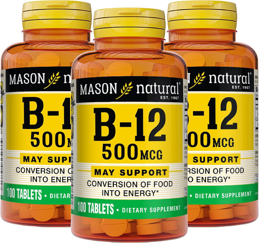 MASON NATURAL Vitamina B12 500 mcg con Calcio, 100 Comprimidos (Pack de 3)