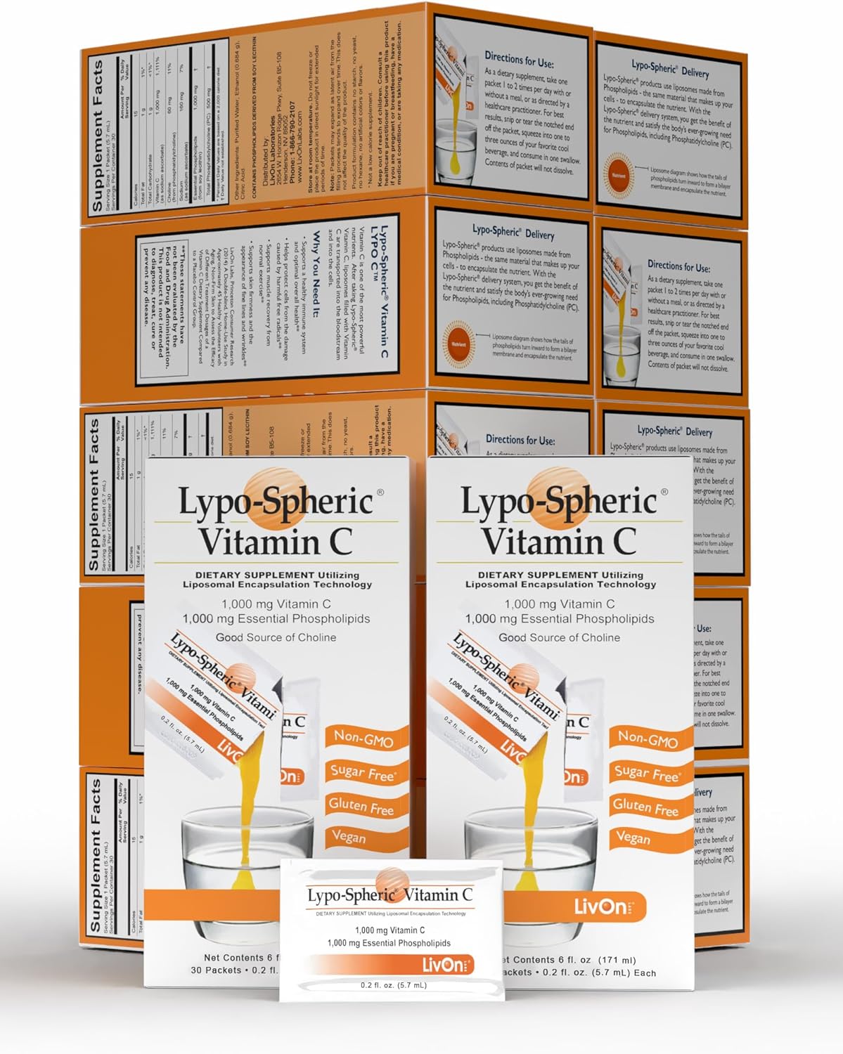 LivOn Laboratories Lypo-Spheric Vitamina C – 3 Cartones (90 Sobres) – 1000 mg de Vitamina C y 1000 mg de Fosfolípidos Esenciales por Sobre – Encapsulación Liposomal para una Mayor Absorción – 100% No Transgénico