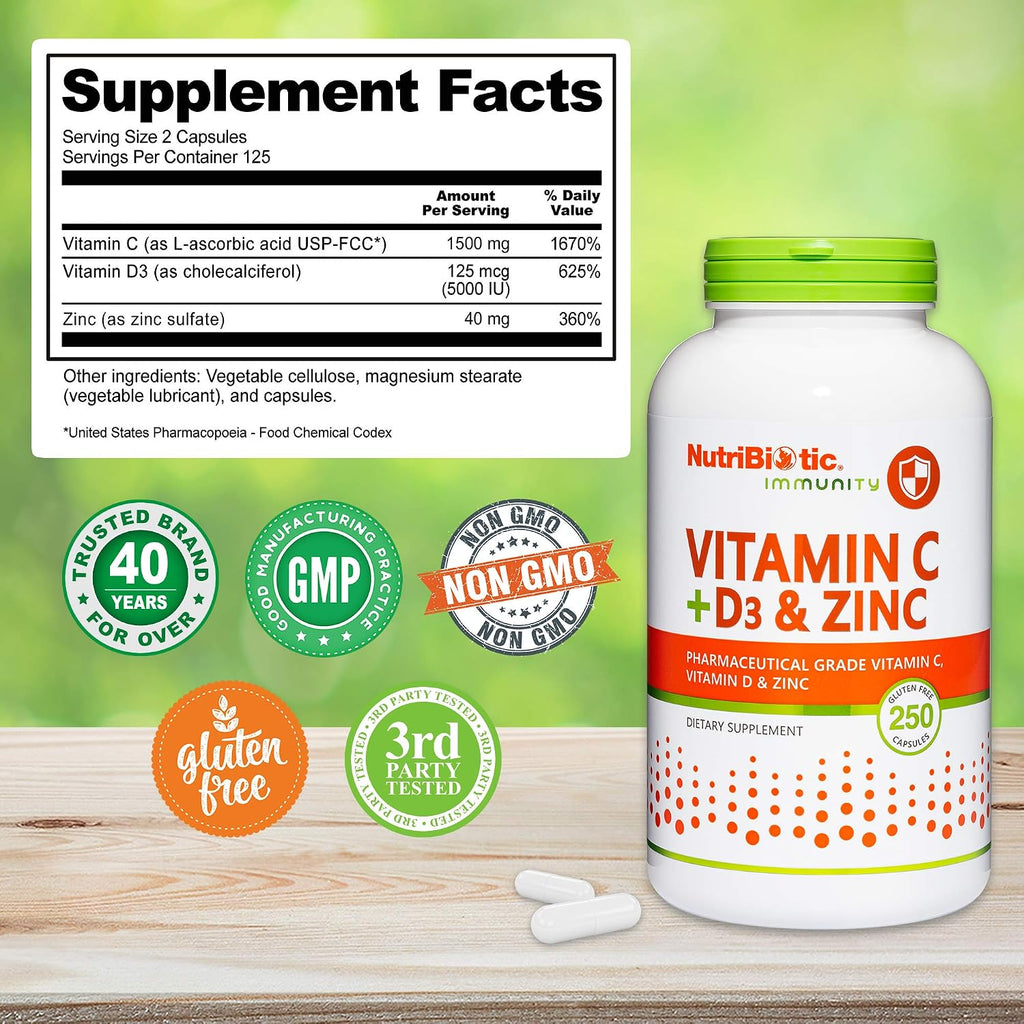NutriBiotic – Vitamina C + Vitamina D3 y Zinc, 250 Cápsulas