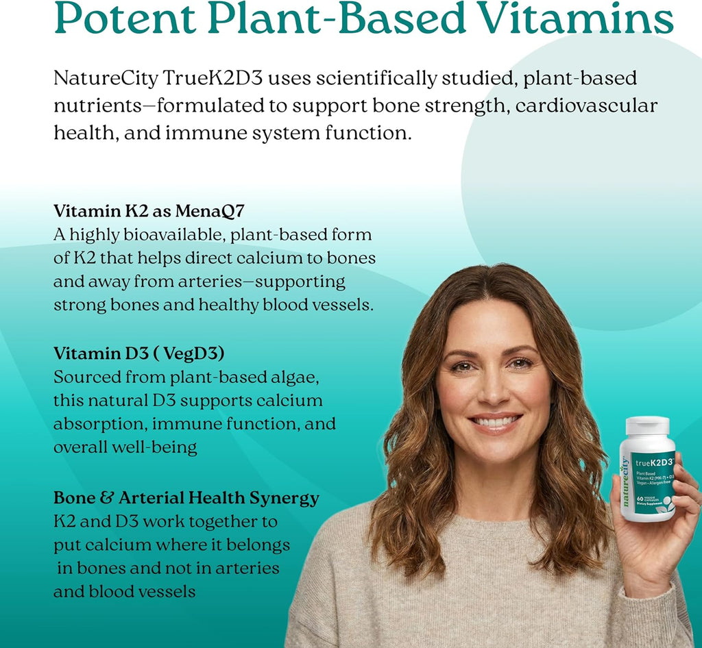 NatureCity TrueK2D3 - Vitamina K2 MK-7 (90 mcg) y D3 de Algas (2500 UI) - 60 Cápsulas Vegetales