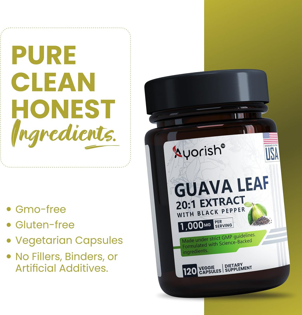 Ayorish Cápsulas de Hoja de Guayaba 1000mg 120 unidades Extracto 20:1 con Pimienta Negra