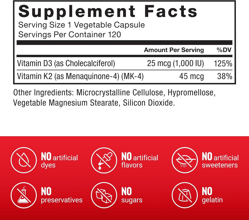 Force Factor Vitamina D3 K2 – 120 Cápsulas Veganas