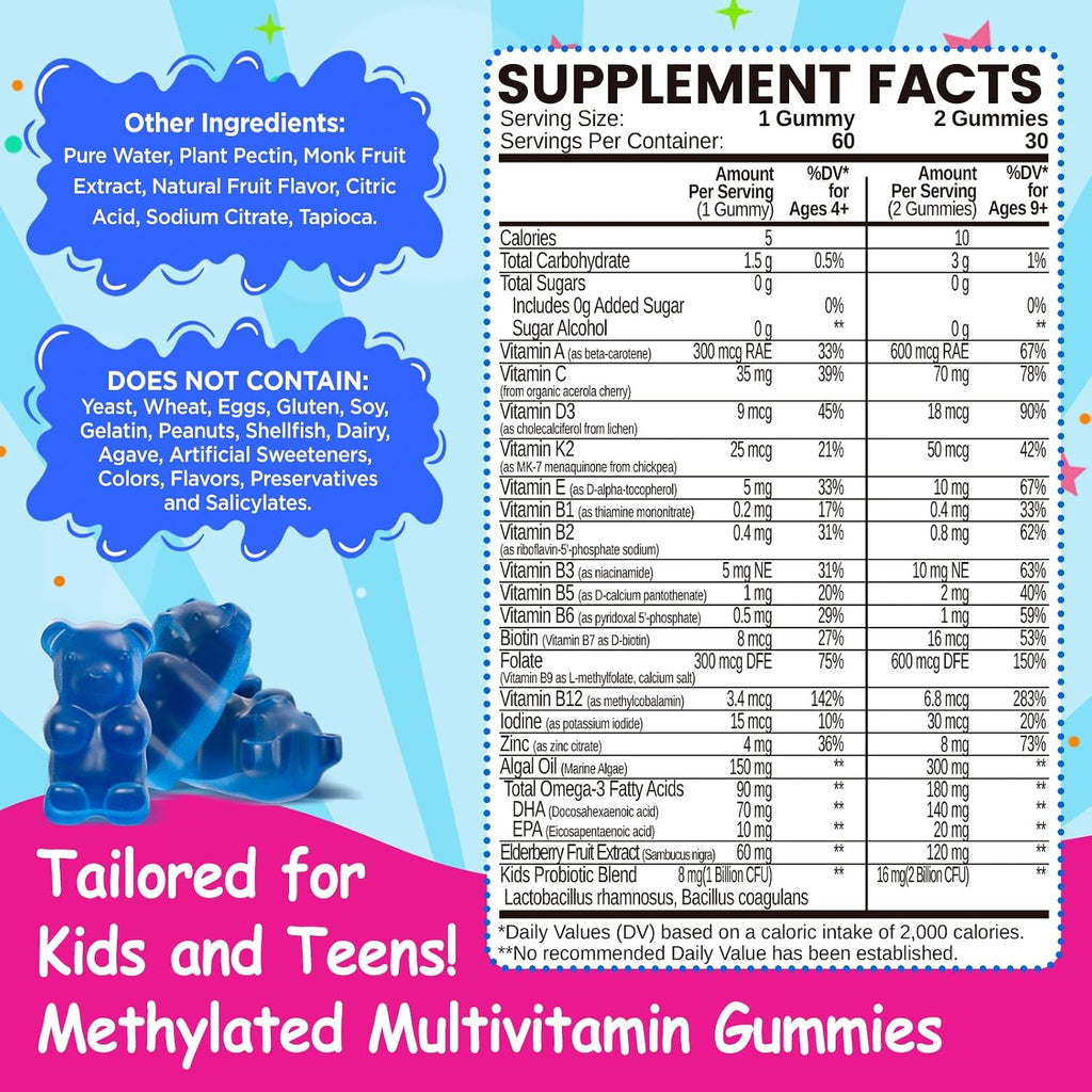 Multivitamínico Metilado para Niños 4+ - MTHFR, L-Metilfolato, B12, Omega-3 Vegano, Zinc, Probióticos - Sin Azúcar - NATISLAND