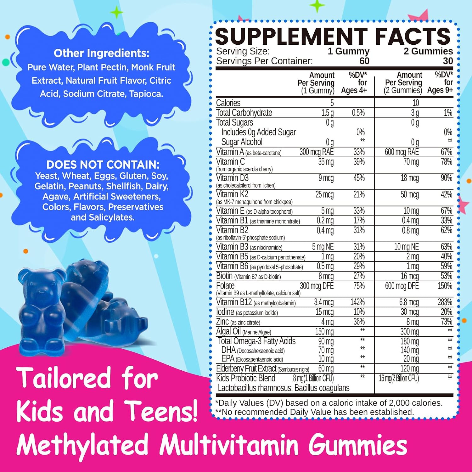 Multivitamínico Metilado para Niños 4+ - MTHFR, L-Metilfolato, B12, Omega-3 Vegano, Zinc, Probióticos - Sin Azúcar - NATISLAND