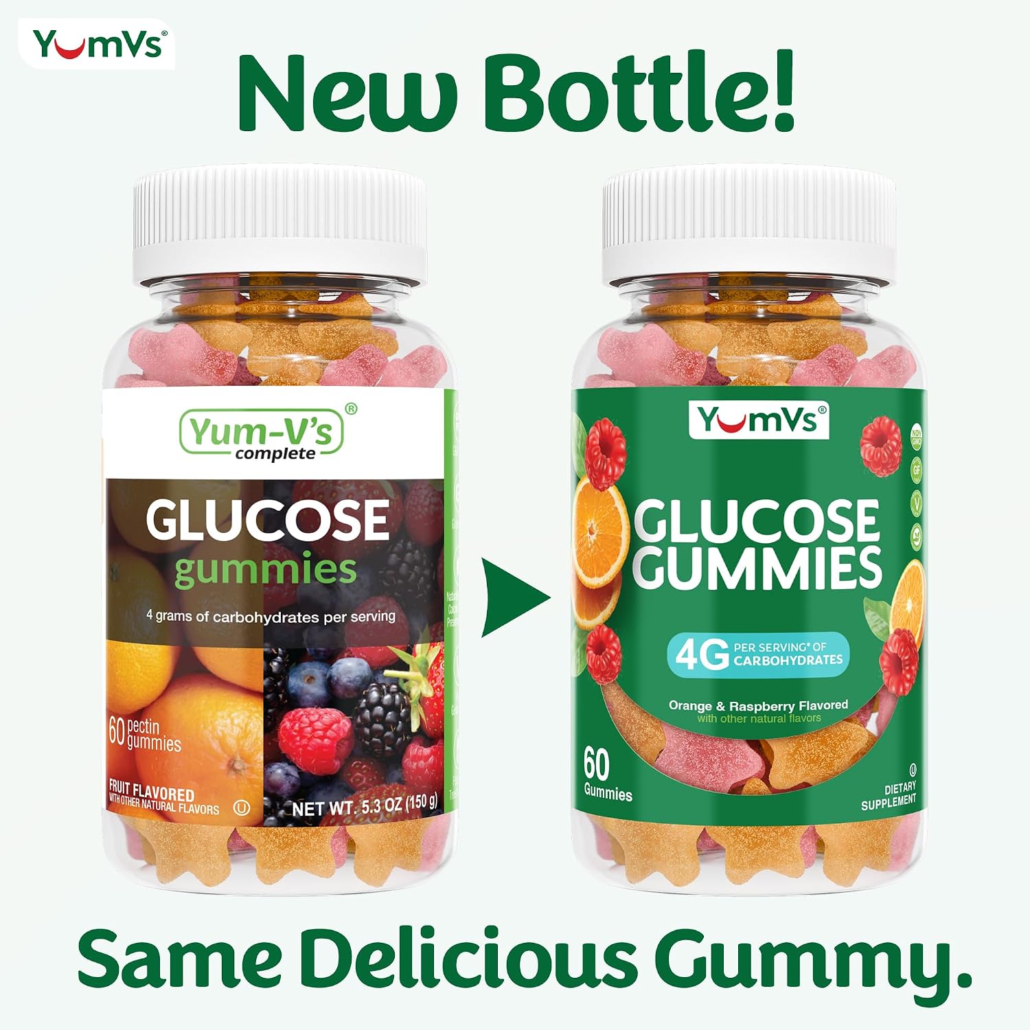 YUM-V'S Glucose Gummies – Gominolas de Glucosa de Acción Rápida – Sabor Natural Naranja y Bayas – 60 Gominulas Masticables para Adultos y Niños