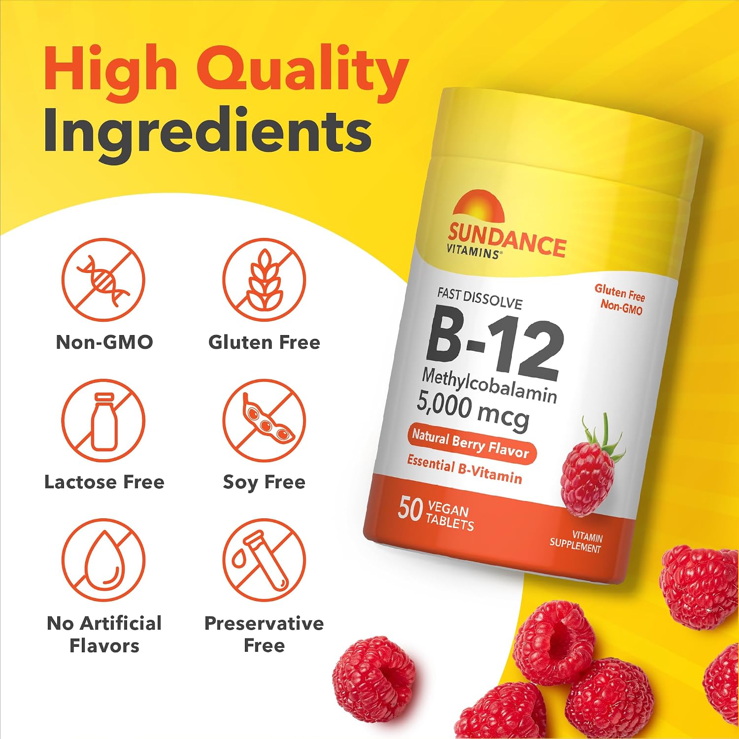 Sundance Vitamina B12 Comprimidos de Disolución Rápida | 5000 mcg | 50 Unidades | como Metilcobalamina | Sabor Natural a Bayas | Vegano, No-GMO y Sin Gluten
