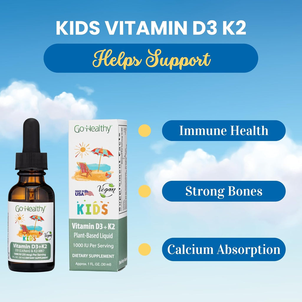 Go Healthy Kids Vitamin D3 K2 (MK-7) Gotas Líquidas Veganas para Niños - Sabor Vainilla - 30 Dosis