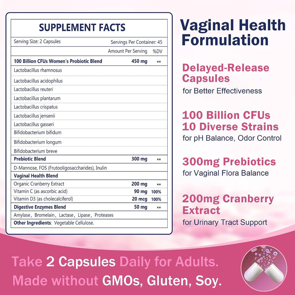 Nature Target Probióticos Vaginales para Mujeres, 100 Mil Millones UFC con Prebióticos, Enzimas Digestivas, Arándano Rojo y D-Mannose - Apoyo al pH y Salud Urinaria - 90 Cápsulas