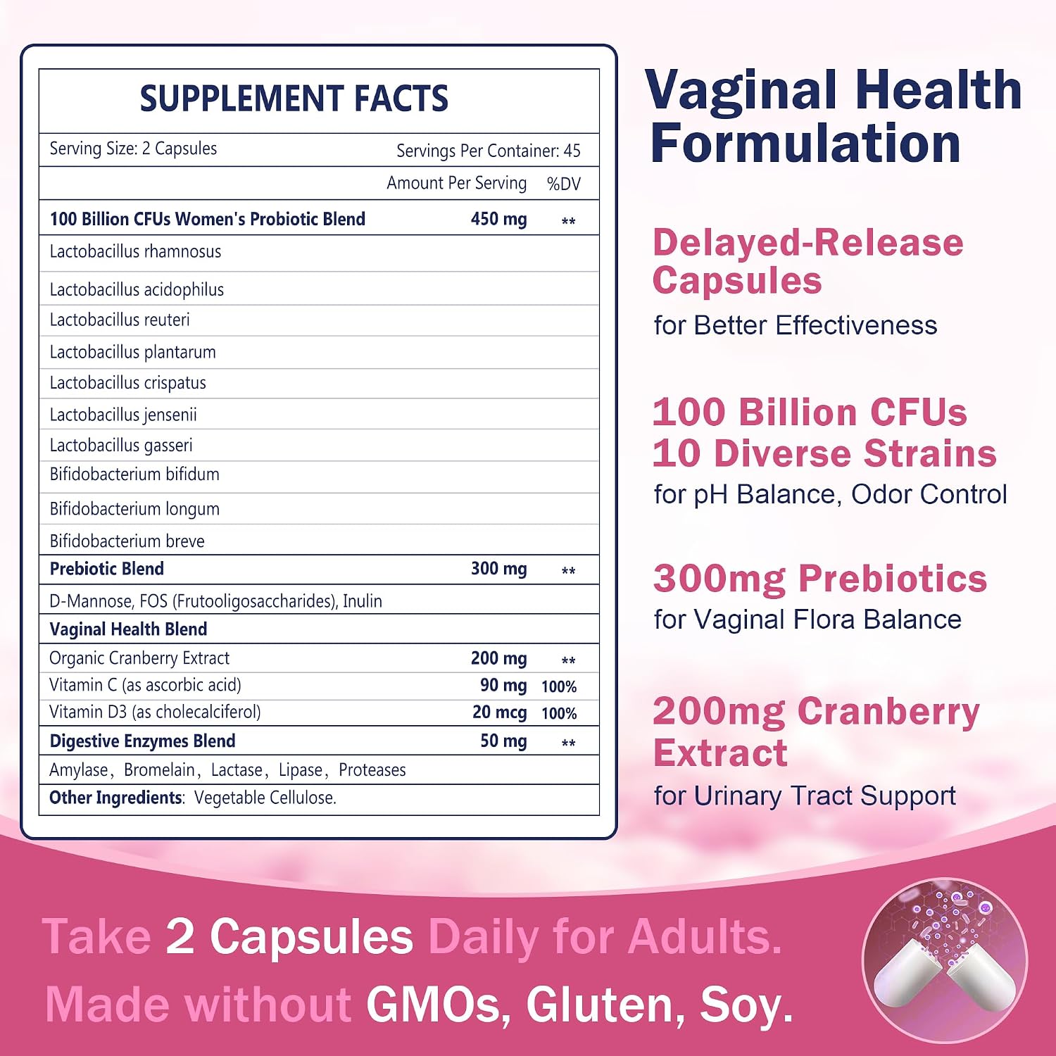 Nature Target Probióticos Vaginales para Mujeres, 100 Mil Millones UFC con Prebióticos, Enzimas Digestivas, Arándano Rojo y D-Mannose - Apoyo al pH y Salud Urinaria - 90 Cápsulas