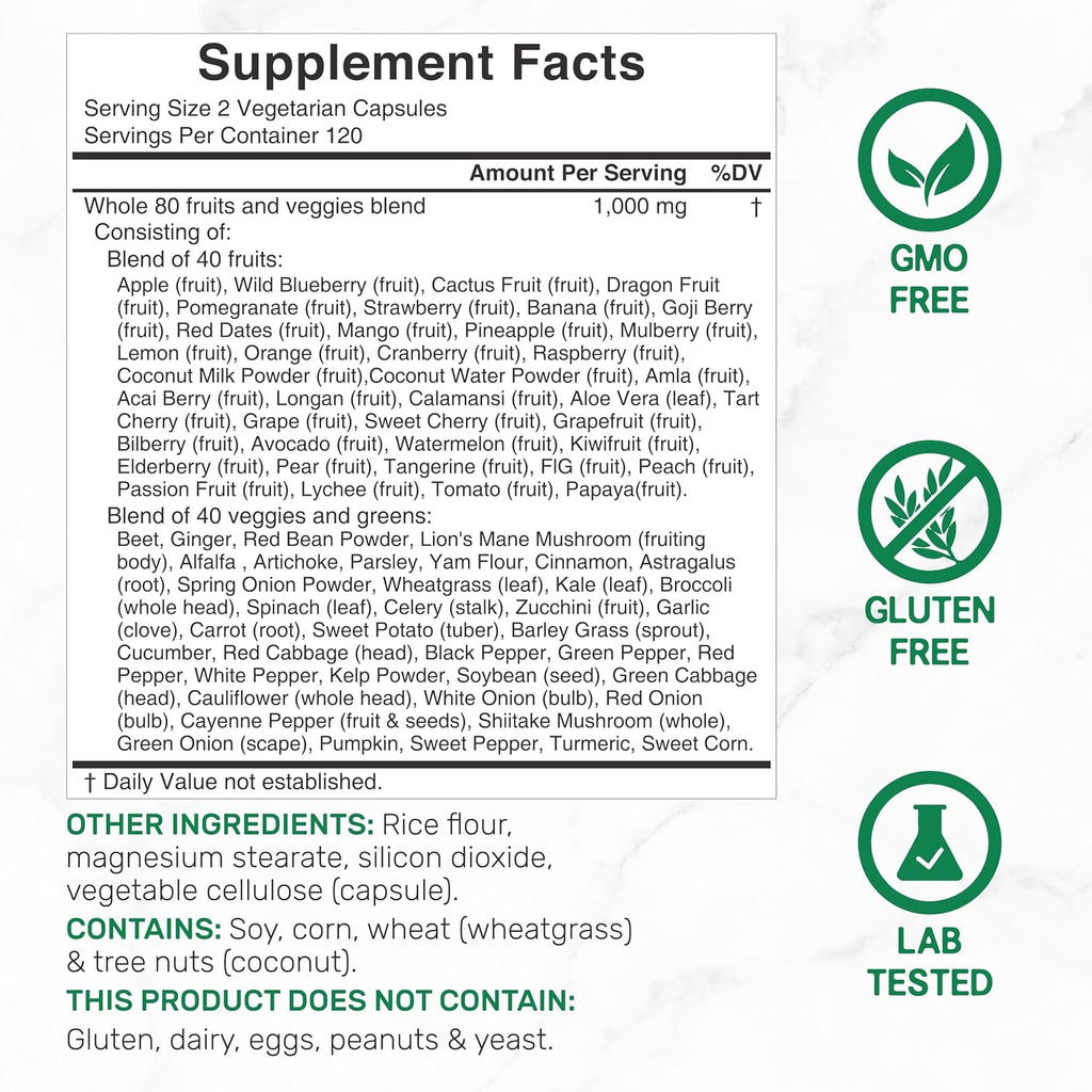 Nature’s Fruits & Veggies Suplemento, 240 Cápsulas Vegetales – 80 Superalimentos Integrales para el Equilibrio Diario