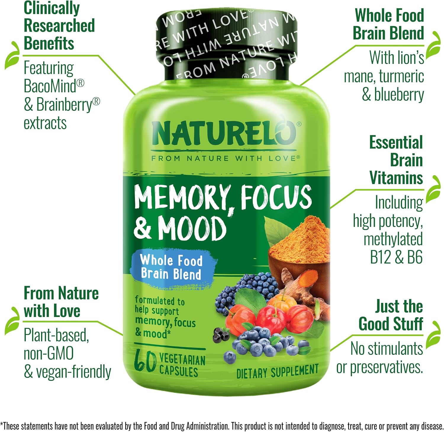 NATURELO Suplemento de Cerebro de Alimentos Integrales - Memoria y Concentración - 60 Cápsulas Vegetales