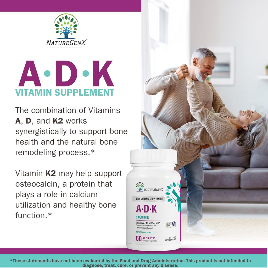 NatureGenX ADK Vitamin Supplement – Vitamins A, D3 & K2 MK-7 for Bone Health & Calcium Absorption – Gluten-Free, Non-GMO, Soy-Free – 120 Capsules, 2-Pack (4-Month Supply)