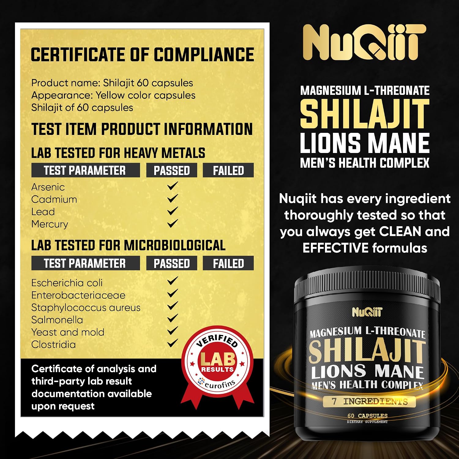 Shilajit Puro del Himalaya Orgánico con Magnesio, Melena de León y Complejo para la Salud Masculina - 60 Cápsulas