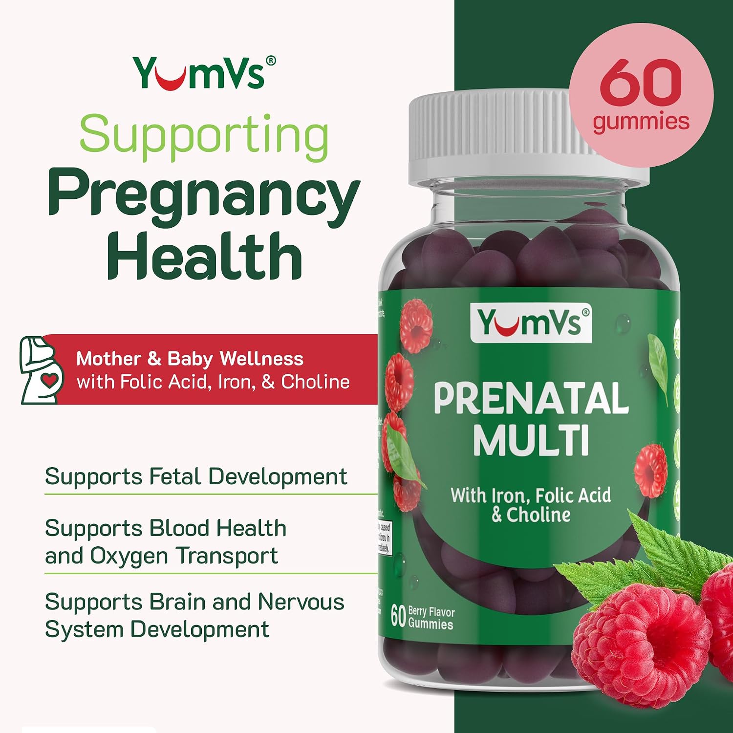 YumVs Gominolas Prenatales con Ácido Fólico, Hierro y Colina - 60 Gominolas