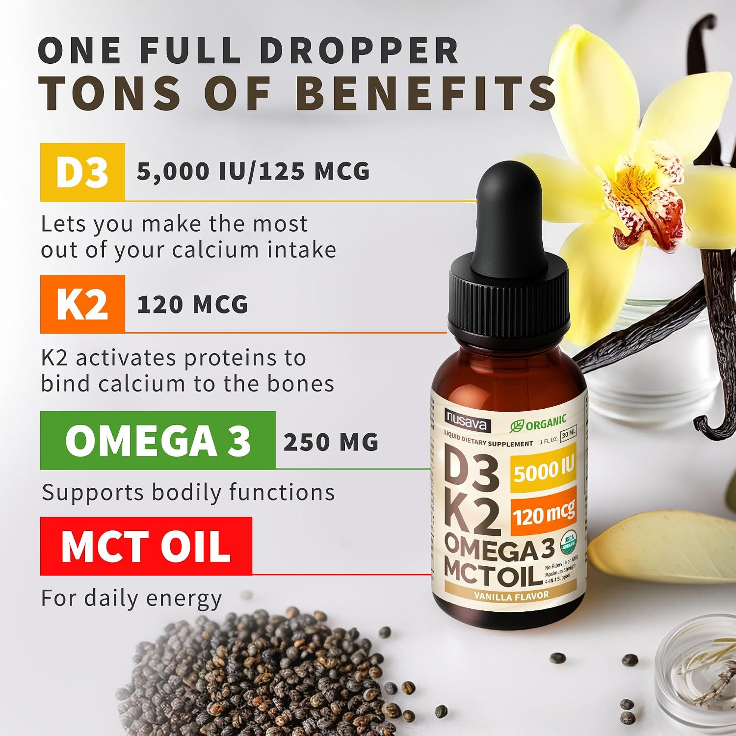 NUSAVA Gotas de Vitamina D3 y K2 con MCT Oil y Omega 3 - 5000 IU D3, 120 mcg K2 - 4 unidades