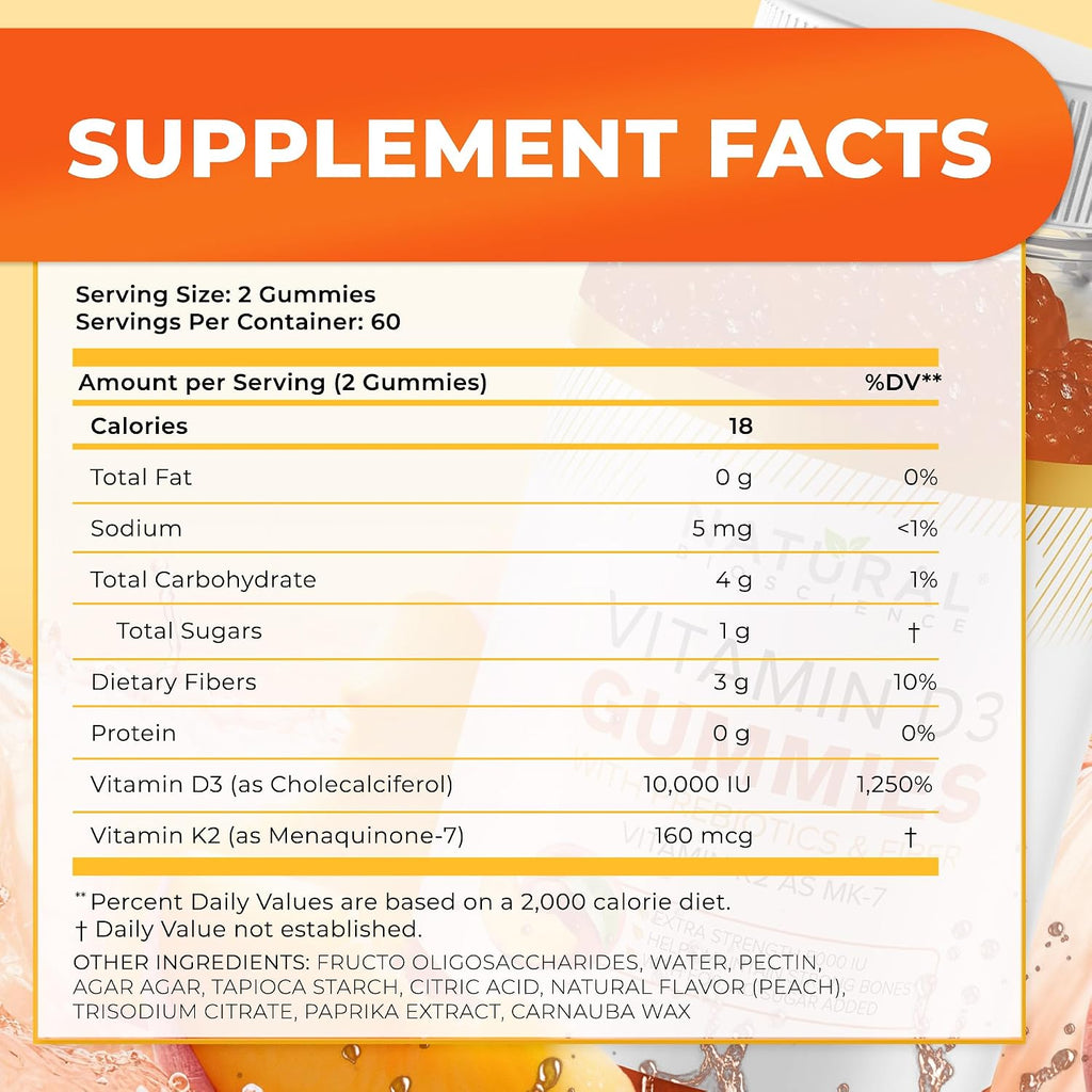 Vitamina D3 10000 UI y K2 MK-7 Gominolas - Sin Azúcar, Alta Absorción - 30 unidades