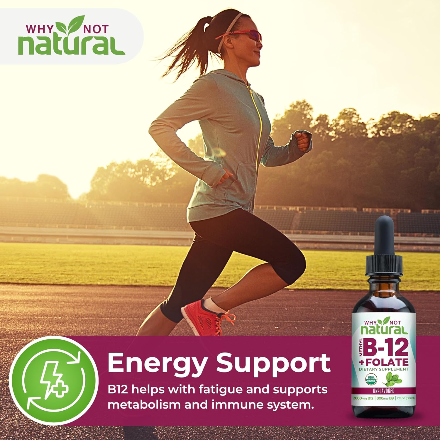 Why Not Natural Vitamin B12 Liquid Plus Folate - Gotas Sublinguales Orgánicas Extra Fuertes Veganas con Metilcobalamina y Ácido Folínico