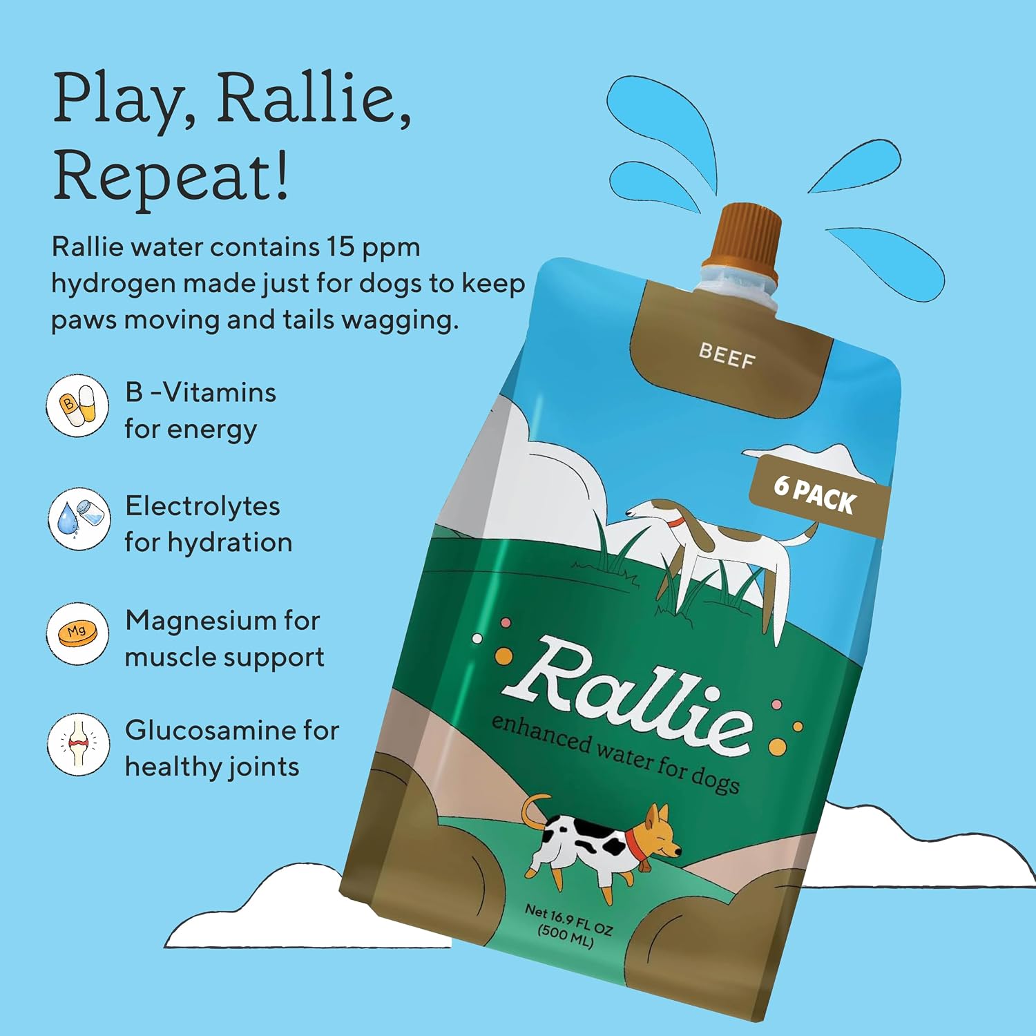 Rallie Agua Hidrogenada Sabor Carne para Perros con Electrolitos, Glucosamina y Vitaminas B - Paquete de 6 Botellas de 500ml